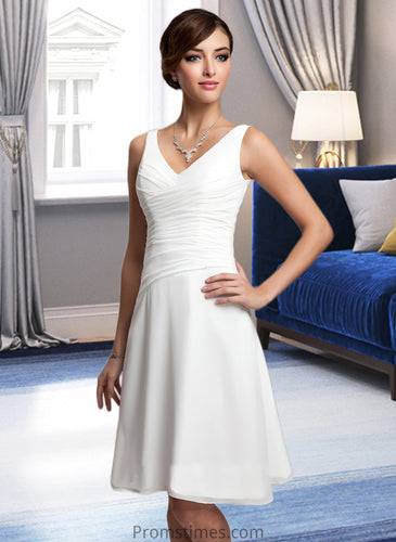 Annabella A-Line V-neck Knee-Length Chiffon Wedding Dress With Ruffle Beading Sequins XXBP0013752