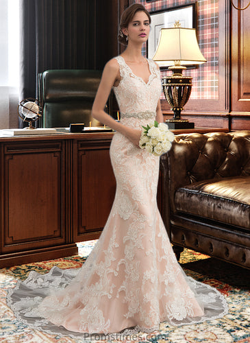 Trinity Trumpet/Mermaid V-neck Chapel Train Tulle Lace Wedding Dress With Beading XXBP0013810