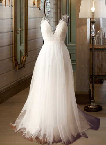 Guadalupe A-Line V-neck Sweep Train Tulle Wedding Dress XXBP0013812