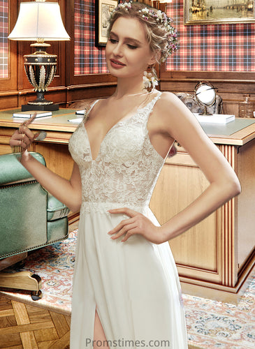 Riley A-Line V-neck Floor-Length Wedding Dress With Lace Split Front XXBP0013815