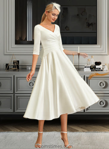 Robin A-Line V-neck Tea-Length Satin Wedding Dress XXBP0013817