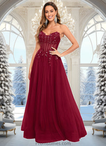 Trudie Ball-Gown/Princess V-Neck Floor-Length Tulle Prom Dresses With Sequins Appliques Lace XXBP0025837