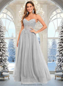 Trudie Ball-Gown/Princess V-Neck Floor-Length Tulle Prom Dresses With Sequins Appliques Lace XXBP0025837