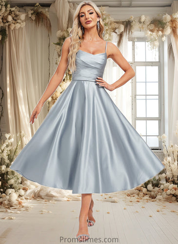 Gwendoline A-line V-Neck Tea-Length Satin Bridesmaid Dress XXBP0025794