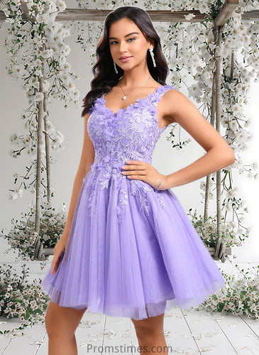 Una Ball-Gown/Princess V-Neck Short Lace Tulle Homecoming Dress With Flower XXBP0025656