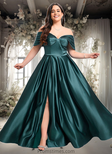 Allie A-line Off the Shoulder Floor-Length Satin Prom Dresses With Pleated XXBP0025851