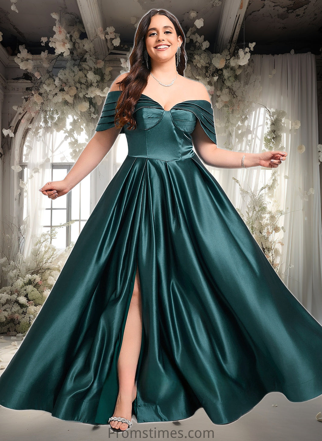 Allie A-line Off the Shoulder Floor-Length Satin Prom Dresses With Pleated XXBP0025851