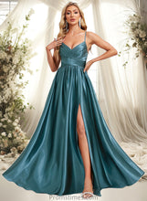 Load image into Gallery viewer, Jaylee A-line V-Neck Floor-Length Stretch Satin Bridesmaid Dress XXBP0025786