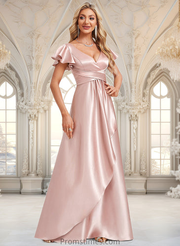 Pearl A-line V-Neck Floor-Length Stretch Satin Bridesmaid Dress With Ruffle XXBP0025787