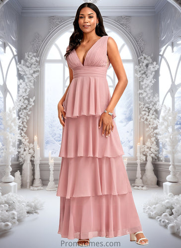 Evie A-line V-Neck Floor-Length Chiffon Bridesmaid Dress XXBP0025749