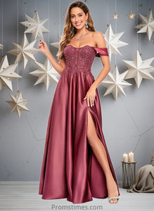 Victoria A-line Off the Shoulder Floor-Length Satin Lace Prom Dresses With Sequins XXBP0025841