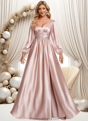 Phyllis A-line V-Neck Floor-Length Stretch Satin Prom Dresses XXBP0025880