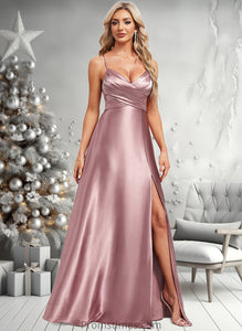 Talia A-line V-Neck Floor-Length Stretch Satin Bridesmaid Dress XXBP0025822