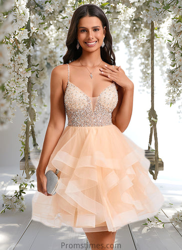 Alisha Ball-Gown/Princess V-Neck Short Tulle Homecoming Dress With Beading Sequins XXBP0025646