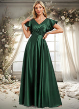 Load image into Gallery viewer, Rebecca A-line V-Neck Floor-Length Satin Bridesmaid Dress With Ruffle XXBP0025777