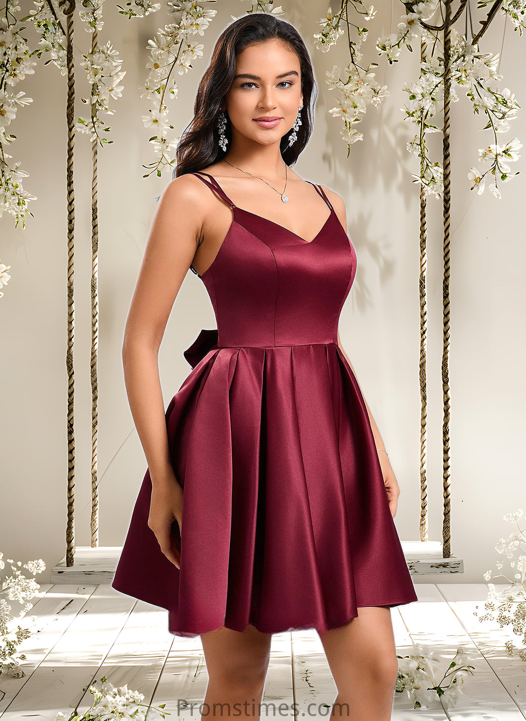 Monica Ball-Gown/Princess V-Neck Short Satin Homecoming Dress With Bow XXBP0025662