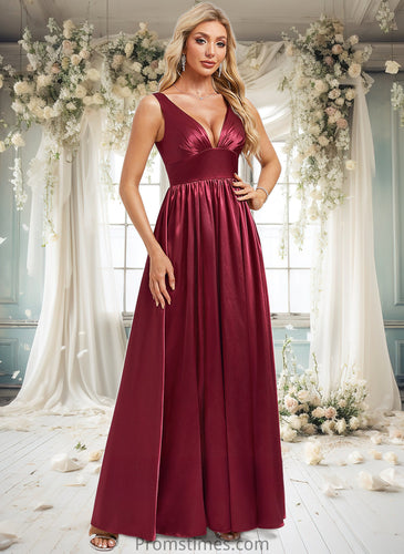 Selah A-line V-Neck Floor-Length Stretch Satin Bridesmaid Dress XXBP0025771