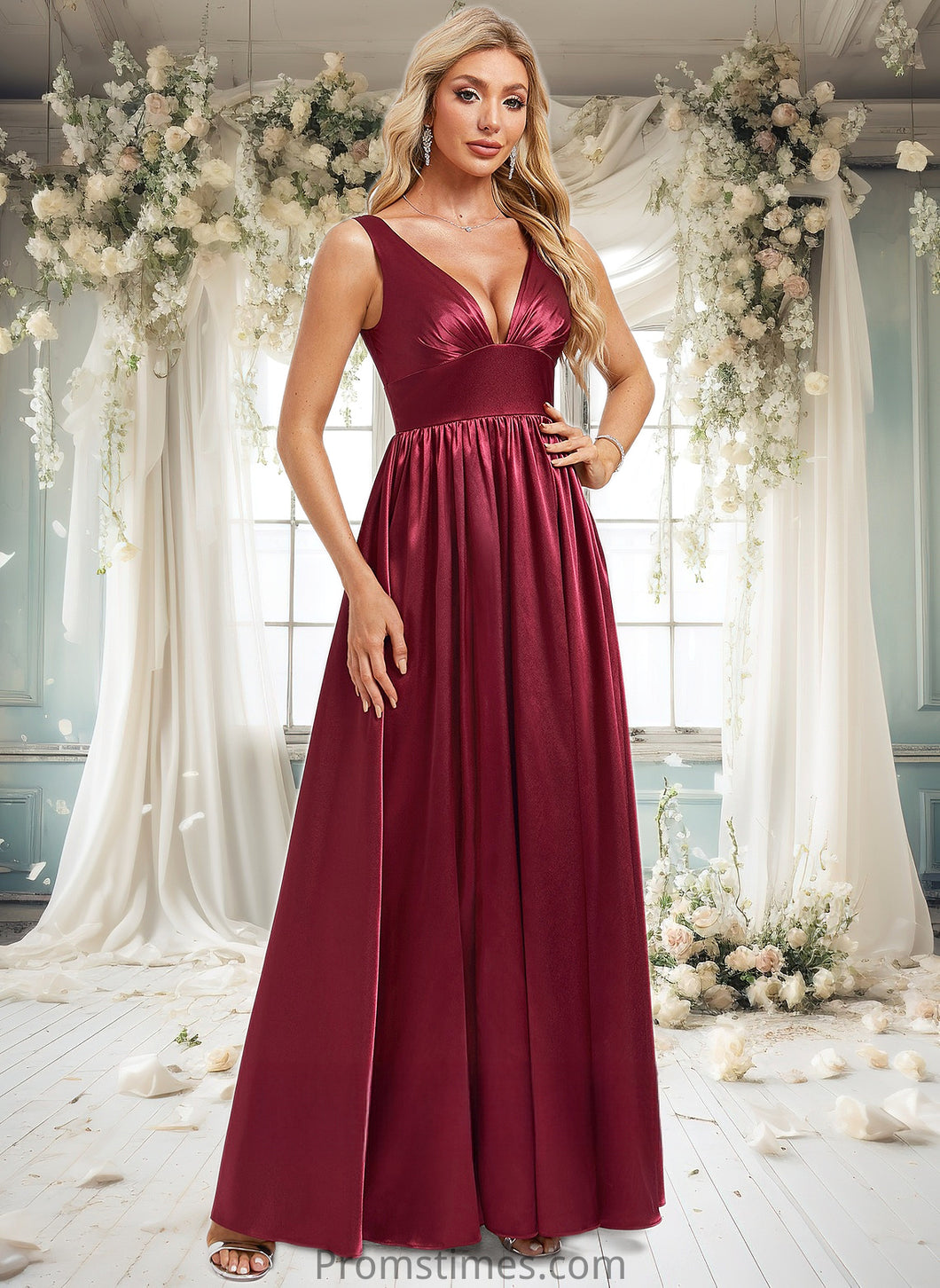 Selah A-line V-Neck Floor-Length Stretch Satin Bridesmaid Dress XXBP0025771