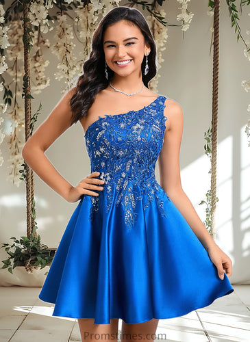 Annika A-line One Shoulder Short Satin Homecoming Dress With Appliques Lace Sequins XXBP0025657