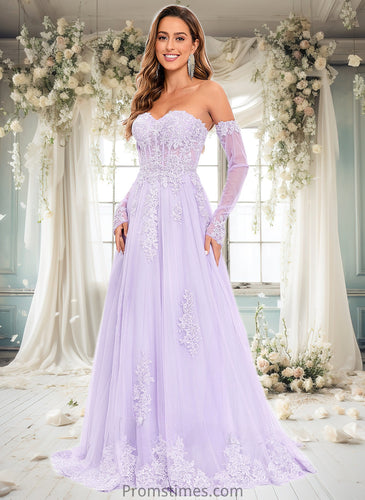 Braelyn A-line Sweetheart Sweep Train Tulle Prom Dresses With Sequins Appliques Lace XXBP0025856