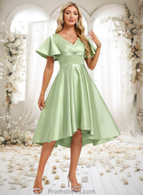 Load image into Gallery viewer, Maribel A-line V-Neck Asymmetrical Satin Bridesmaid Dress With Ruffle XXBP0025776