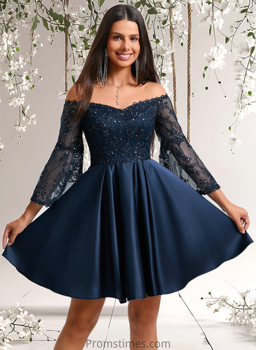 Laura A-line Off the Shoulder Short Satin Homecoming Dress With Sequins XXBP0025651