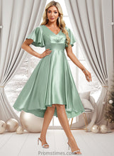 Load image into Gallery viewer, Lilia A-line V-Neck Asymmetrical Stretch Satin Bridesmaid Dress With Ruffle XXBP0025772