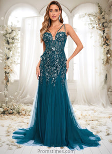 Quintina Trumpet/Mermaid V-Neck Sweep Train Tulle Prom Dresses With Sequins Appliques Lace XXBP0025853