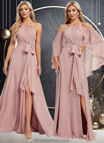 Ingrid A-line Halter Floor-Length Chiffon Bridesmaid Dress XXBP0025821