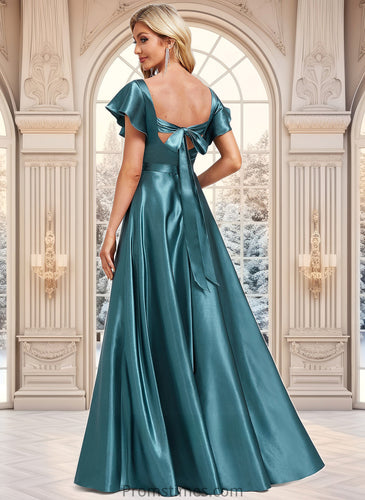 Lilyana A-line V-Neck Floor-Length Stretch Satin Bridesmaid Dress With Ruffle XXBP0025780