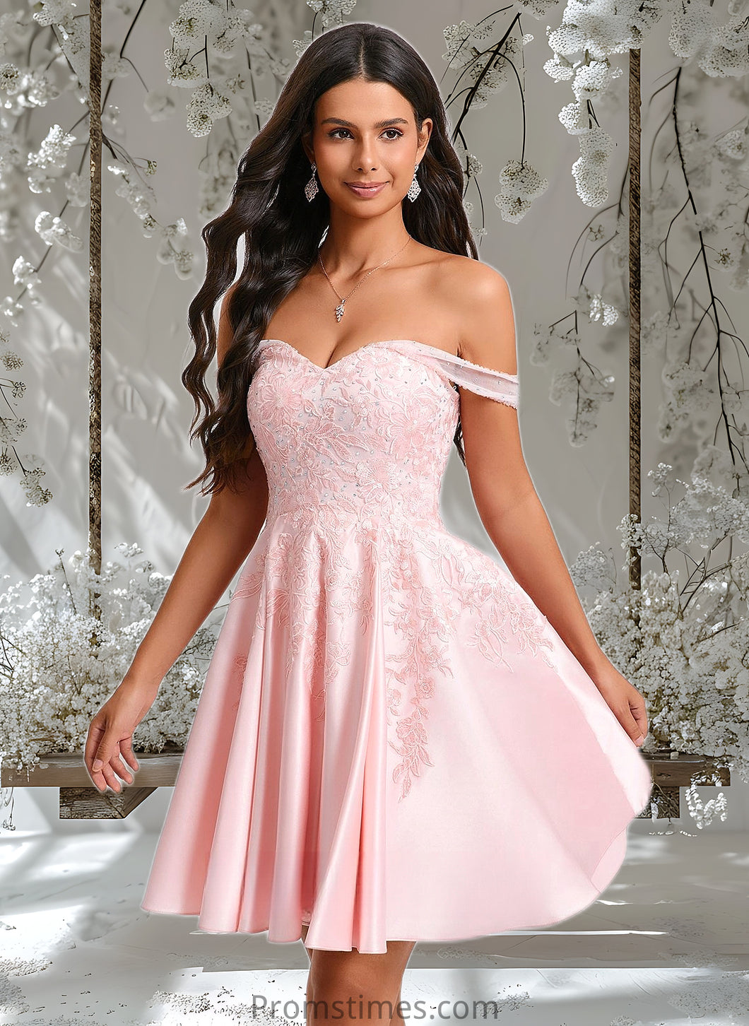 Emelia A-line Off the Shoulder Short Satin Homecoming Dress With Rhinestone Beading Appliques Lace XXBP0025679