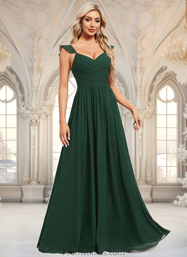 Madeline A-line V-Neck Floor-Length Chiffon Bridesmaid Dress With Ruffle XXBP0025811