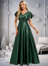 Load image into Gallery viewer, Maddison A-line V-Neck Floor-Length Stretch Satin Bridesmaid Dress With Ruffle XXBP0025773