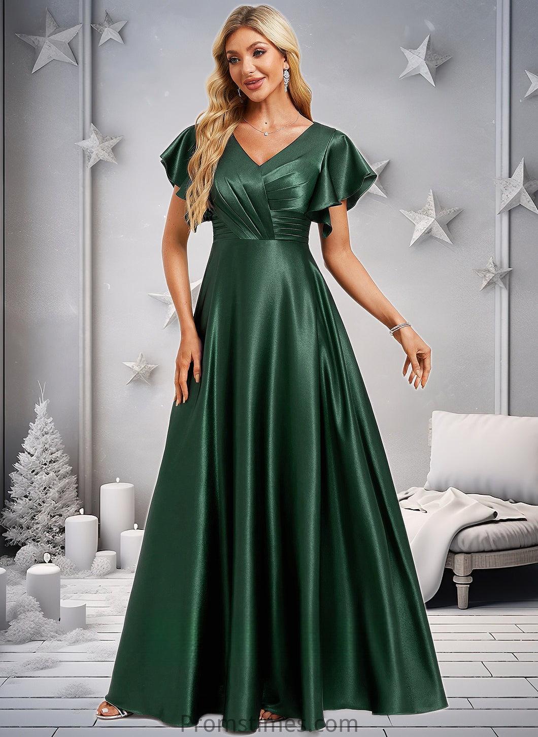 Maddison A-line V-Neck Floor-Length Stretch Satin Bridesmaid Dress With Ruffle XXBP0025773