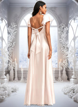 Load image into Gallery viewer, Norah A-line V-Neck Floor-Length Stretch Satin Bridesmaid Dress With Bow XXBP0025759