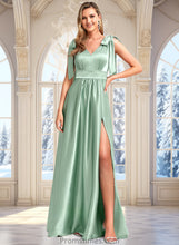 Load image into Gallery viewer, Jessica A-line V-Neck Floor-Length Stretch Satin Bridesmaid Dress With Bow XXBP0025737