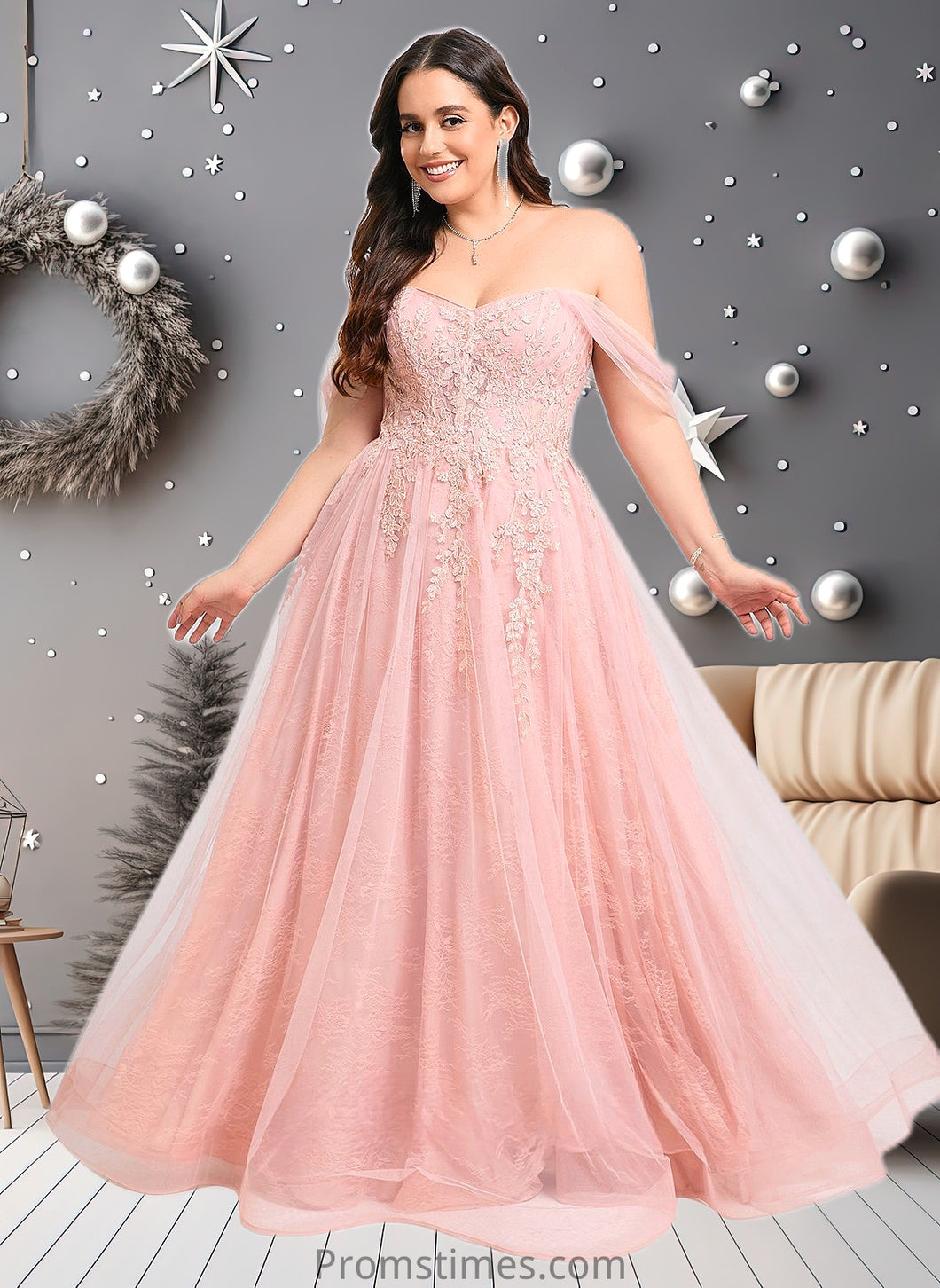 Mariah A-line Sweetheart Off the Shoulder Floor-Length Tulle Floral Lace Prom Dresses With Appliques Lace XXBP0025870