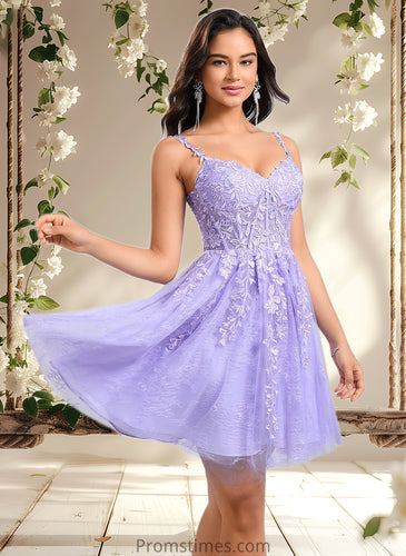 Lara A-line V-Neck Short Tulle Lace Homecoming Dress XXBP0025640