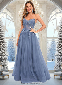 Trudie Ball-Gown/Princess V-Neck Floor-Length Tulle Prom Dresses With Sequins Appliques Lace XXBP0025837