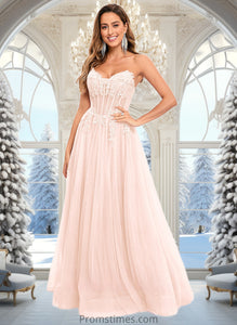 Trudie Ball-Gown/Princess V-Neck Floor-Length Tulle Prom Dresses With Sequins Appliques Lace XXBP0025837