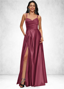 Philippa A-line V-Neck Floor-Length Satin Prom Dresses XXBP0022197