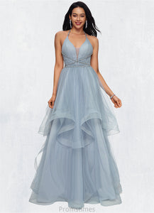 Maisie Ball-Gown/Princess Halter V-Neck Floor-Length Tulle Prom Dresses With Beading Rhinestone Sequins XXBP0022199