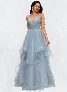 Maisie Ball-Gown/Princess Halter V-Neck Floor-Length Tulle Prom Dresses With Beading Rhinestone Sequins XXBP0022199