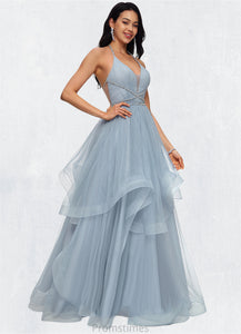 Maisie Ball-Gown/Princess Halter V-Neck Floor-Length Tulle Prom Dresses With Beading Rhinestone Sequins XXBP0022199