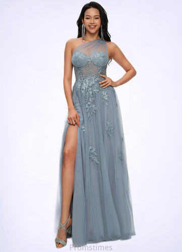 Sierra A-line One Shoulder Floor-Length Tulle Prom Dresses With Appliques Lace Sequins XXBP0022200