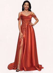 Sophronia A-line Off the Shoulder Sweep Train Satin Prom Dresses With Rhinestone XXBP0022208