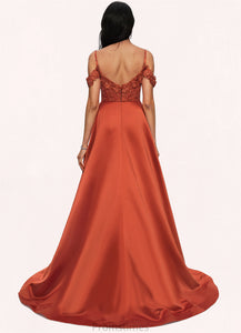 Sophronia A-line Off the Shoulder Sweep Train Satin Prom Dresses With Rhinestone XXBP0022208