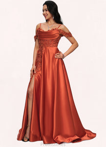 Sophronia A-line Off the Shoulder Sweep Train Satin Prom Dresses With Rhinestone XXBP0022208