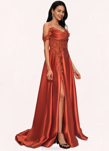 Sophronia A-line Off the Shoulder Sweep Train Satin Prom Dresses With Rhinestone XXBP0022208