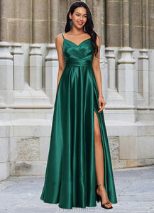 Mignon A-line V-Neck Floor-Length Stretch Satin Prom Dresses XXBP0022211